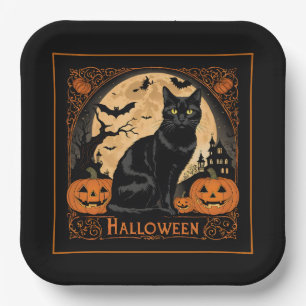 Black Kitty Cat Halloween Paper Plate