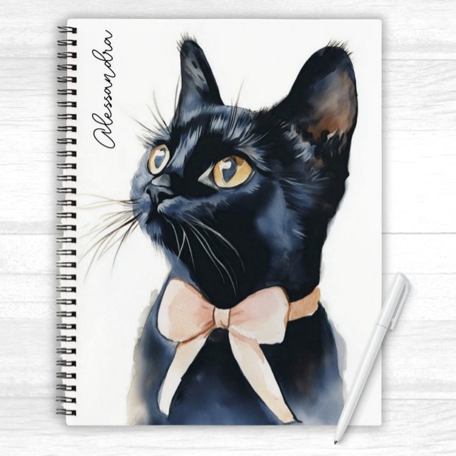 Black Kitty Cat in Peach Bow Personalised Notebook (Cute Black Kitty Cat wearing a peach bow on its neck Personalized Notebook for girls of all ages)