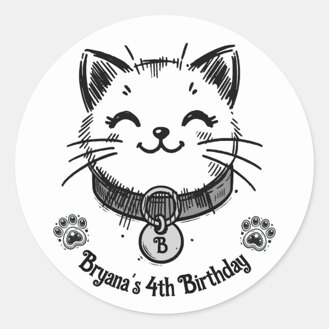 Black Kitty Cat Kitten Birthday Party  Classic Round Sticker (Front)