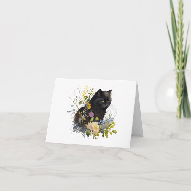 Black Kitty Cat with Flowers BLANK  Card (Front)