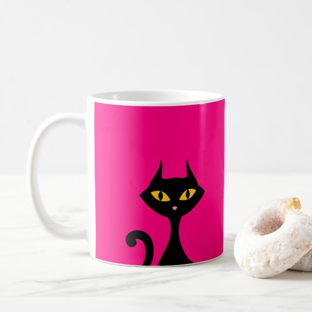 Black Kitty Cat with Pink Background  Coffee Mug (With Donut)