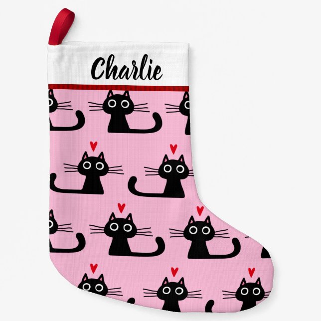 Black Kitty Cats Pattern with Custom Text for Name Small Christmas Stocking (Front)