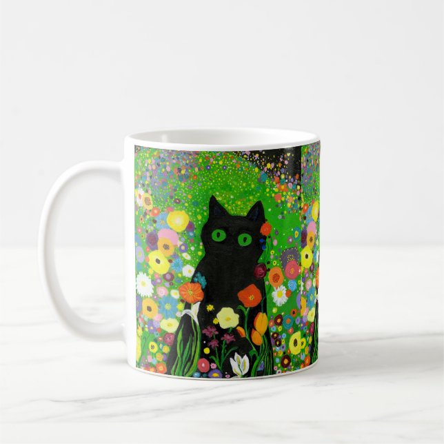 Black Kitty Floral Mug (Left)