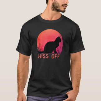 Black Kitty Hiss Off Meow Retro Sunset Style Black T-Shirt