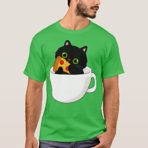 Black Kitty In Tea Cup Nom Nom On Pizza T-Shirt