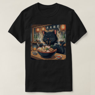 Black Kitty Slurping Noodles T-Shirt