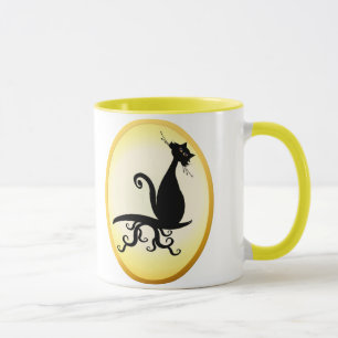 Black Kitty Watching You Oval Mugs