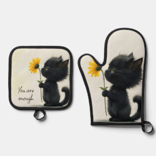 Black Kitty With Daisy and Quote Oven Mitt & Pot Holder Set