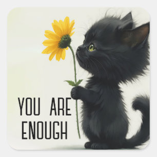 Black Kitty With Daisy and Quote Square Sticker