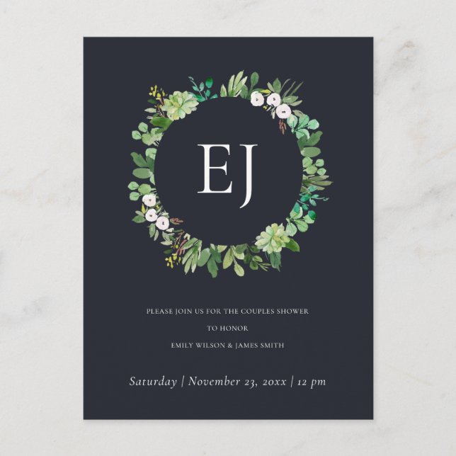 BLACK KRAFT FOLIAGE WREATH MONOGRAM COUPLES SHOWER INVITATION POSTCARD (Front)