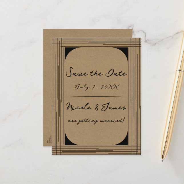 Black Kraft Minimal Modern Lines Wedding Announcement Postcard (Front/Back In Situ)