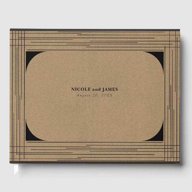 Black Kraft Minimal Modern Lines Wedding Guest Book (Front)