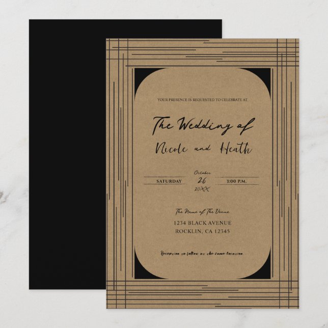 Black Kraft Minimal Modern Lines Wedding Invitation (Front/Back)