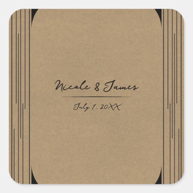 Black Kraft Minimal Modern Lines Wedding Square Sticker (Front)