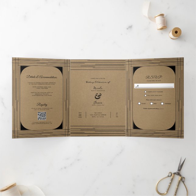 Black Kraft Minimal Modern Lines Wedding Tri-Fold Invitation (Inside)