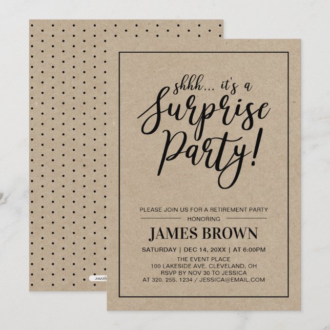 Black & Kraft | Modern Surprise Retirement Party Invitation (Front/Back)