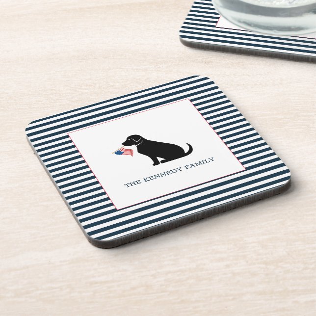 Black Lab American Flag Personalised Family Name  Coaster (Left Side)