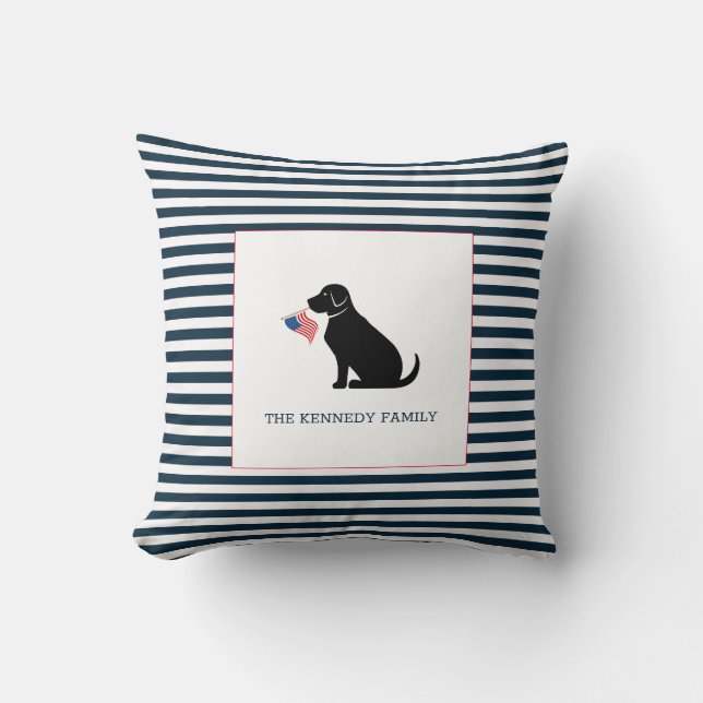 Black Lab American Flag Personalised Family Name  Cushion (Front)