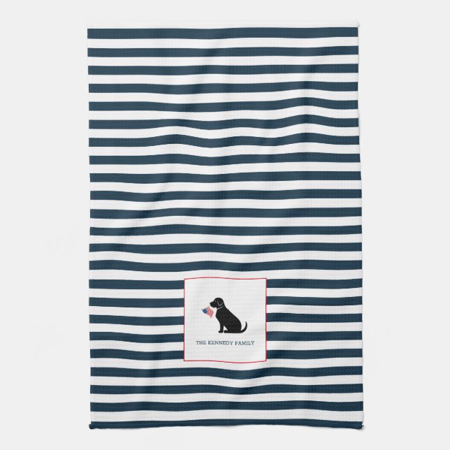 Black Lab American Flag Personalised Family Name  Tea Towel (Vertical)