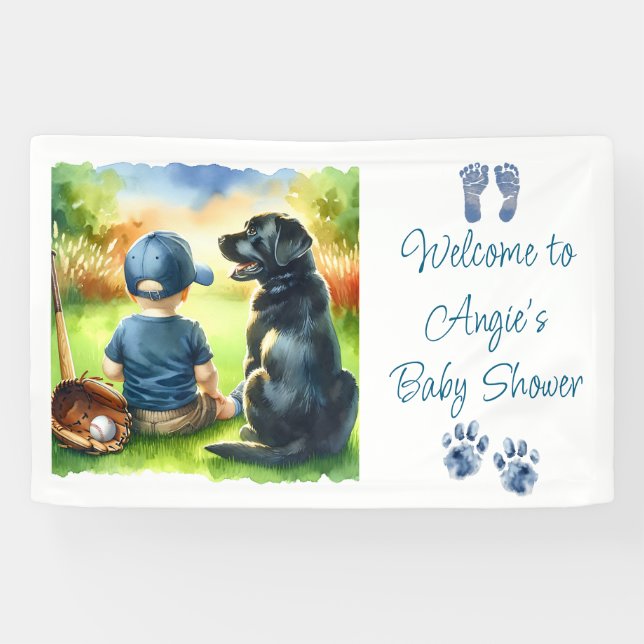 Black Lab and Baby Boy Baseball Themed Baby Shower Banner (Horizontal)