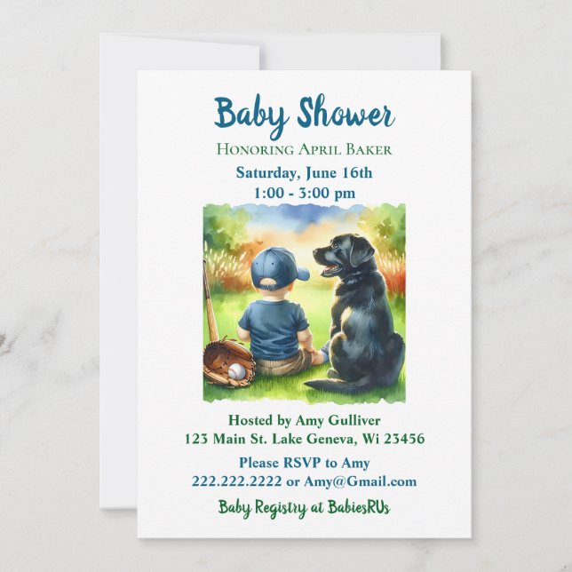 Black Lab and Baby Boy Baseball Themed Baby Shower Invitation (Front)
