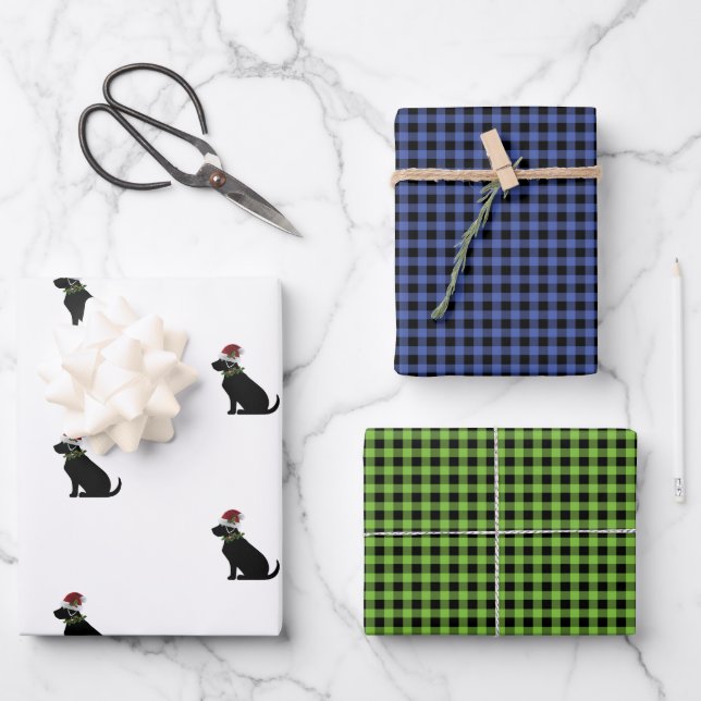 Black Lab Christmas Pattern Check Combo Fun Wrapping Paper Sheet (Front)