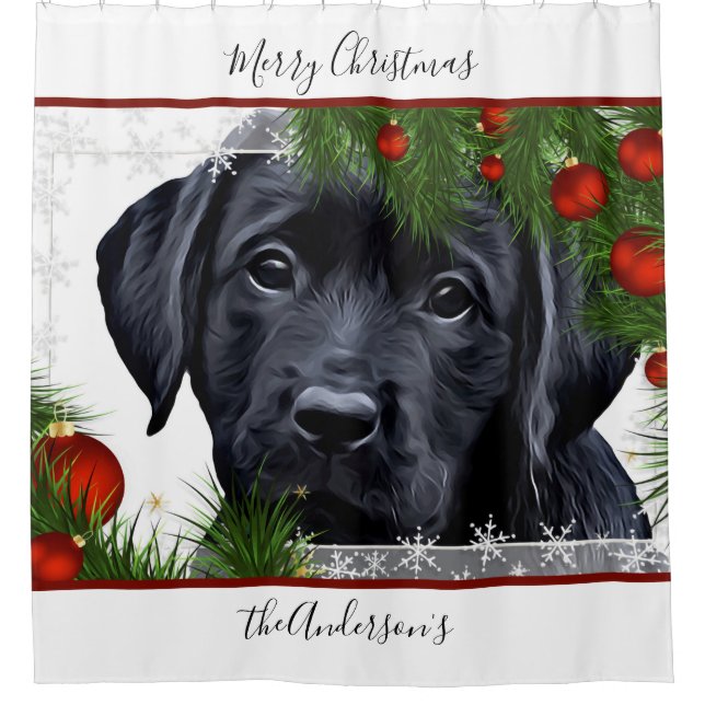 Black Lab Christmas - Personalised Puppy Labrador Shower Curtain (Front)
