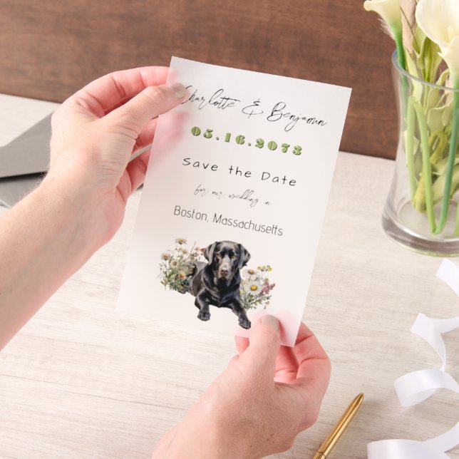 Black Lab Dog and Wildflowers Save the Date Vellum Invitations (Handheld)
