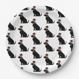 Black Lab Dog Christmas Santa Hat Holly Modern  Paper Plate