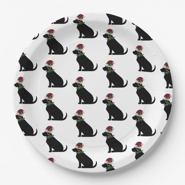 Black Lab Dog Christmas Santa Hat Holly Modern  Paper Plate (Front)