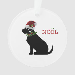 Black Lab Dog Christmas Santa Hat Holly Noel Text Ornament