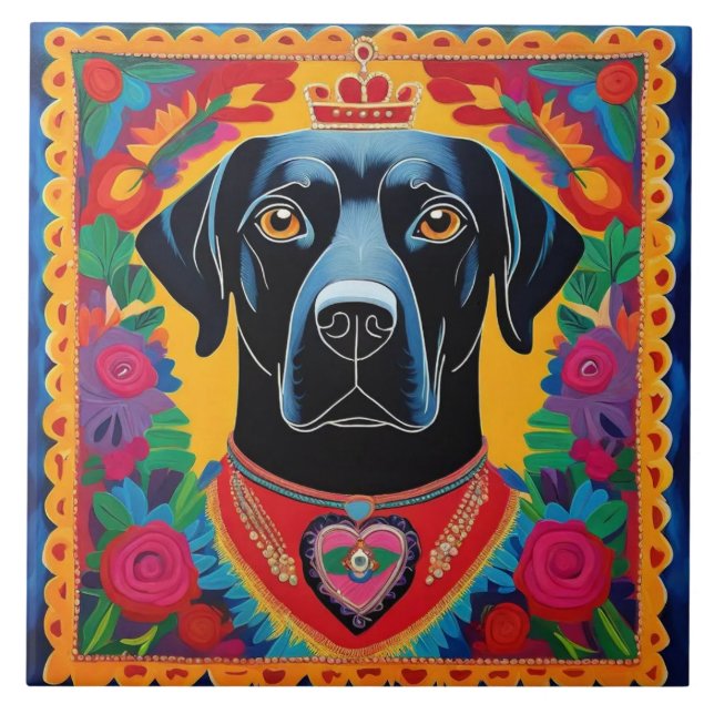 Black Lab Dog Mexican Folk Art Frida Style Tile (Front)