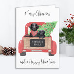 Black Lab Dog Puppy Merry Christmas Red Truck Holiday Card<br><div class="desc">Send christmas greetings this holiday season with this black labrador retriever dogs in a watercolor design. This black labrador holiday card features four labrador pups in a watercolor red christmas truck with holiday tree. Personalise with greeting front adn message back.. This black labrador christmas card will be a favourite among...</div>