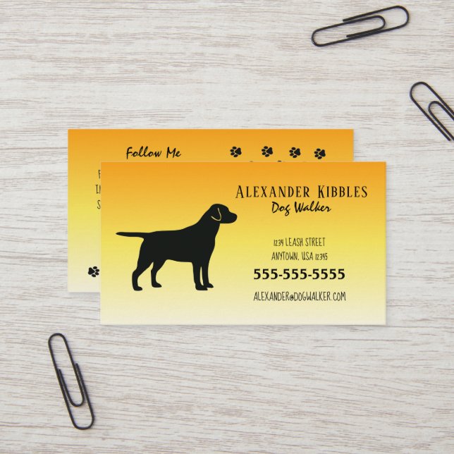 Black Lab Dog Walker Yellow Business Card (Front/Back In Situ)