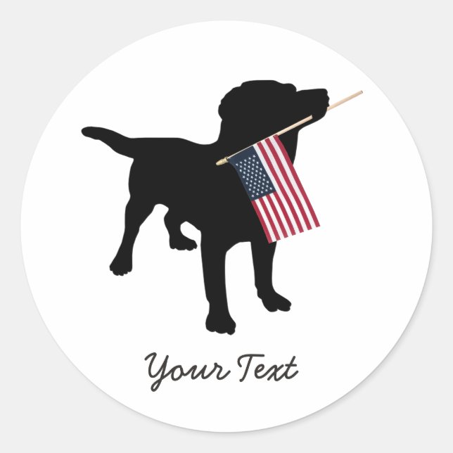 Black Lab Dog with USA American Flag, 4th of July Classic Round Sticker (Front)