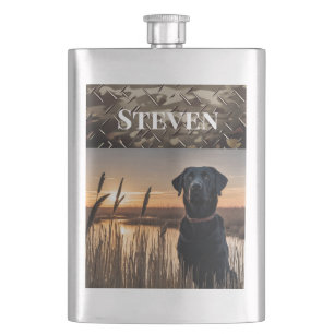 Black Lab Duck Hunting Marsh Camo Outdoors Dog Hip Flask