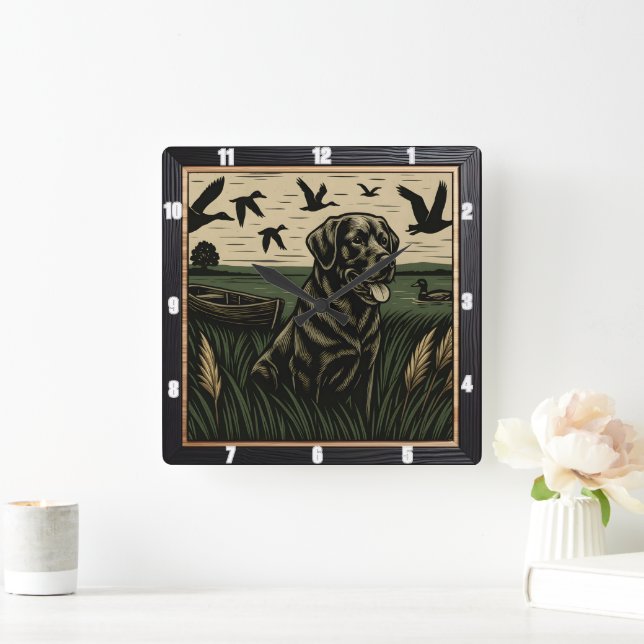 Black Lab Duck Hunting  Square Wall Clock (Home)