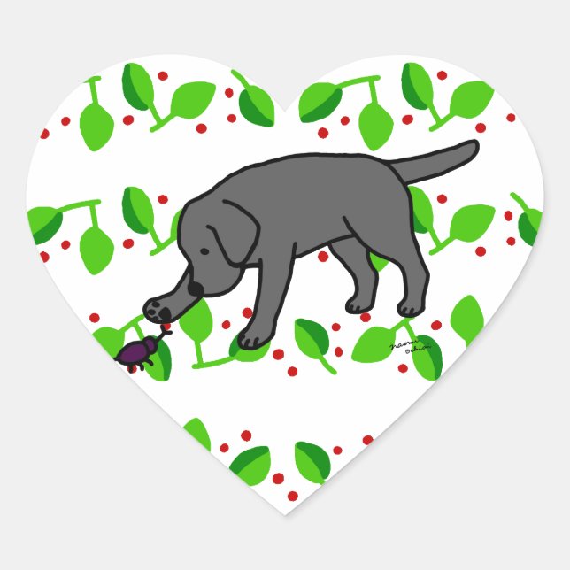 Black Lab Friendly Cartoon Labrador leaves Heart Sticker (Front)