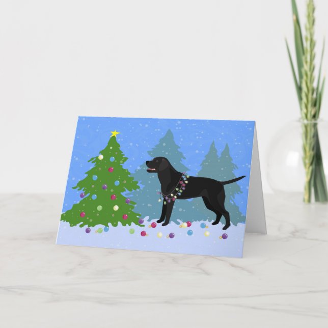 Black Lab in the Forest Decorating Christmas Tree Holiday Card (Front)