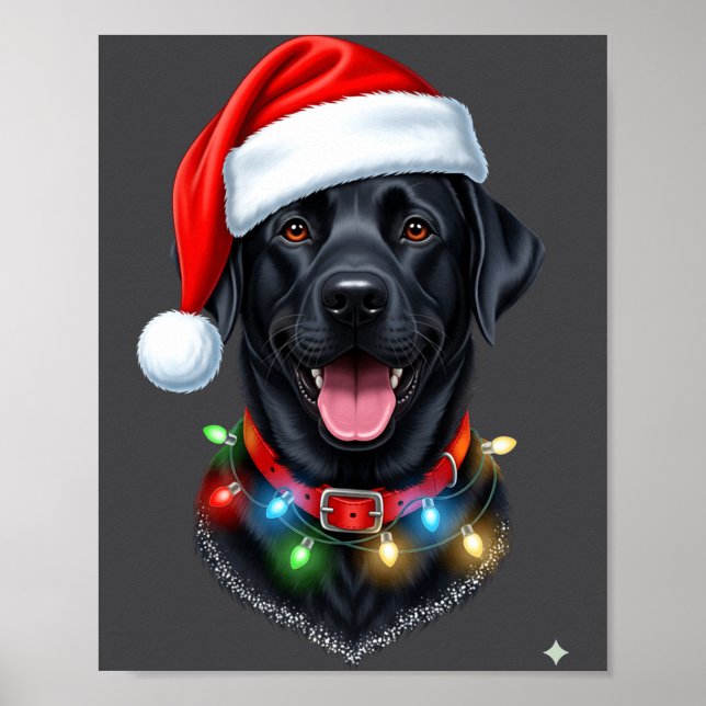 Black Lab Labrador Christmas Dog Santa Hat Light P Poster (Front)