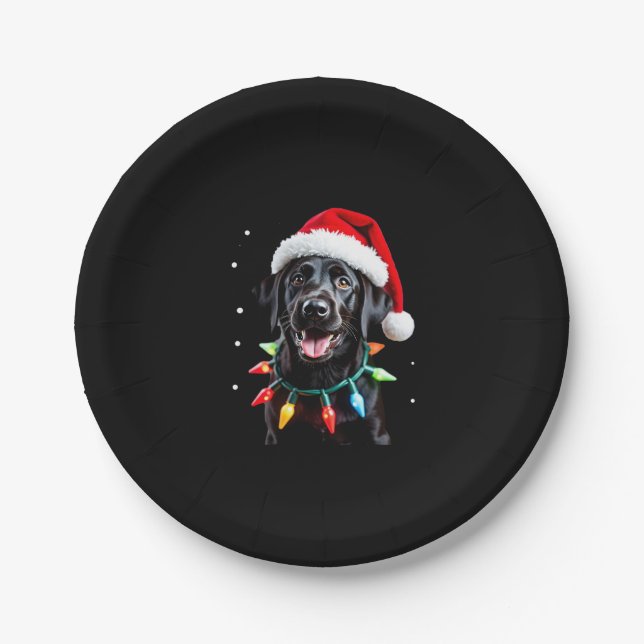 Black Lab Labrador Christmas Tree Light Pajama Dog Paper Plate (Front)