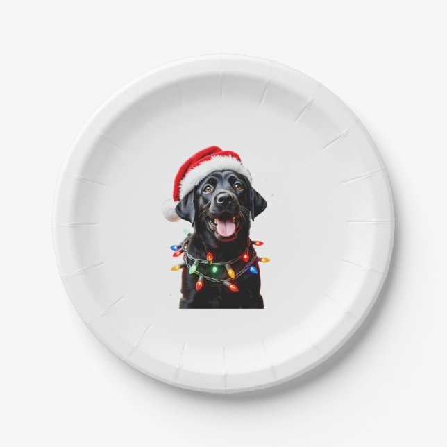Black Lab Labrador Christmas Tree Light Pajama Dog Paper Plate (Front)