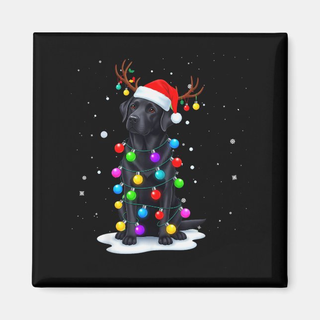 Black Lab Labrador Dog Funny Christmas Lights Rein Magnet (Front)