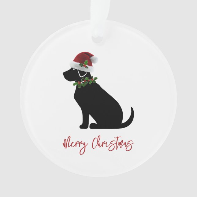Black Lab Merry Christmas Santa Hat Holly Modern Ornament (Front)