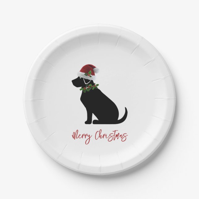 Black Lab Merry Christmas Santa Hat Holly Modern Paper Plate (Front)