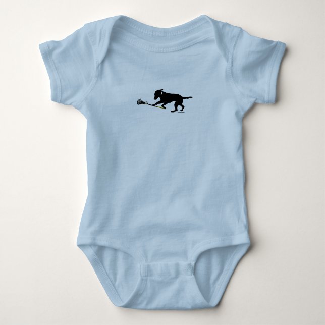 Black Lab Playing Lacrosse Baby Bodysuit (Front)