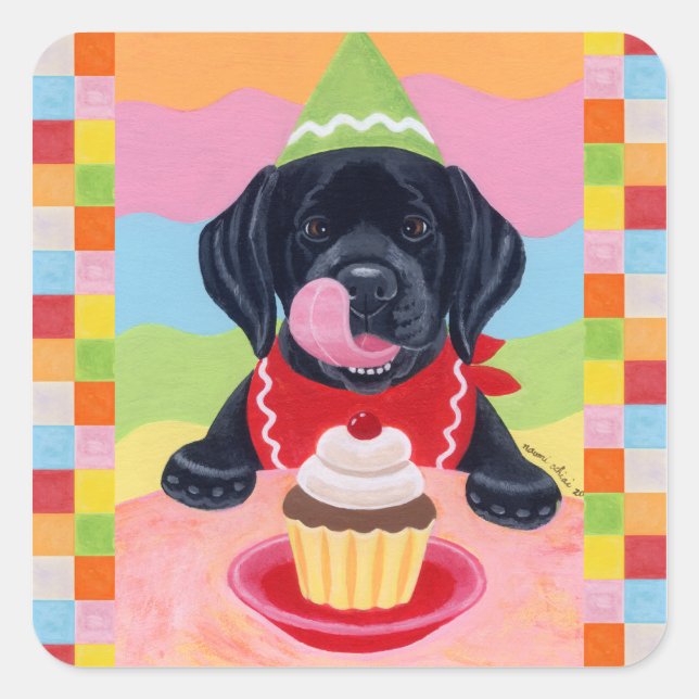 Black Lab Puppy Birthday Cupcake Painting Square Sticker (Front)