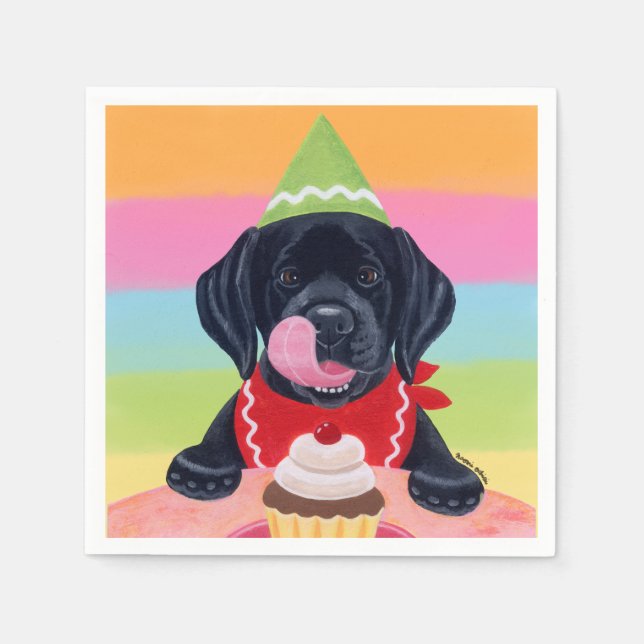 Black Lab Puppy Birthday Cupcake Paper Napkins (Front)
