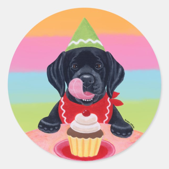 Black Lab Puppy Birthday Cupcake Stickers (Front)