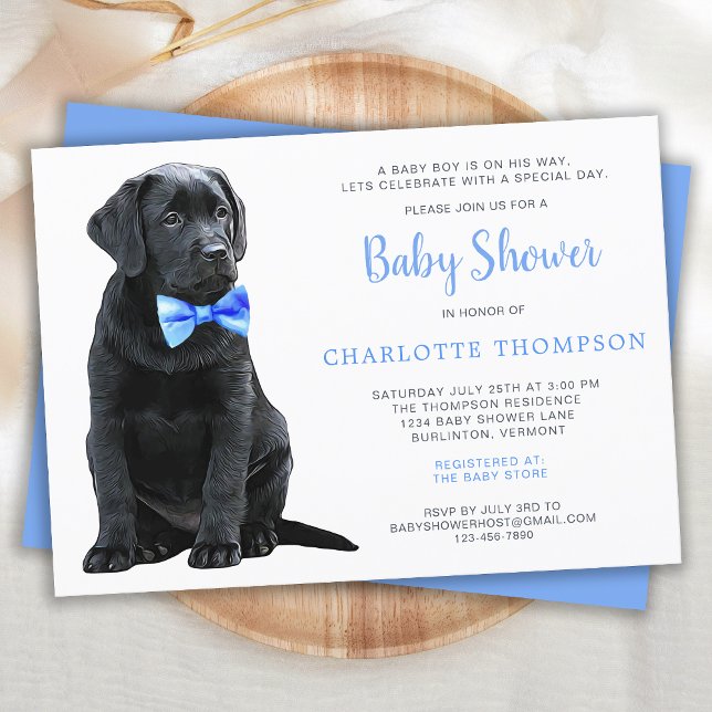 Black Lab Puppy Dog Blue Boy Baby Shower Invitation (Creator Uploaded)